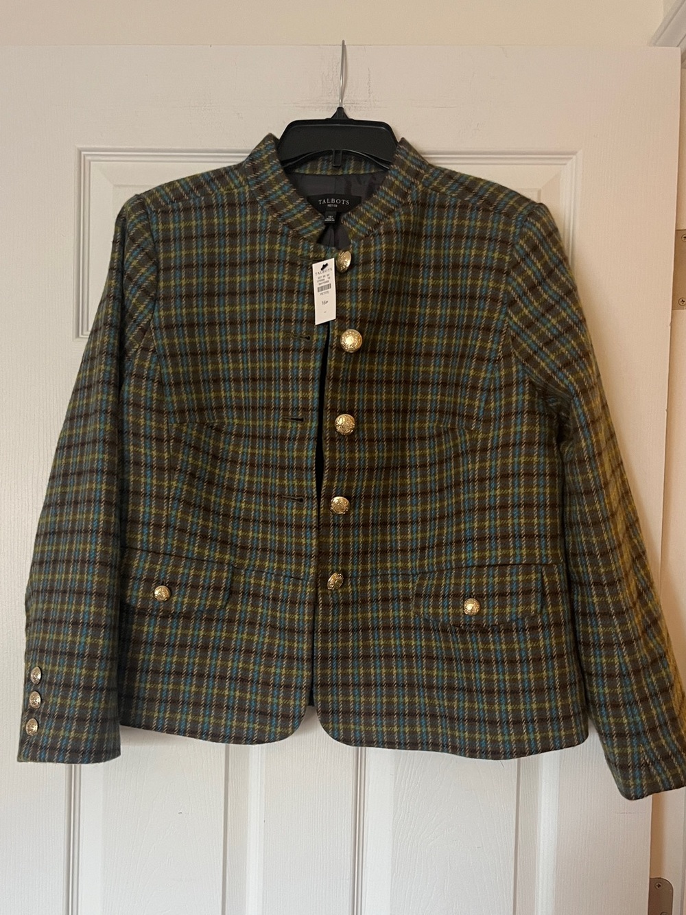 NWT Talbots Petite 16P Tweed Wool Blend Plaid Riding Jacket Gold Crest Buttons